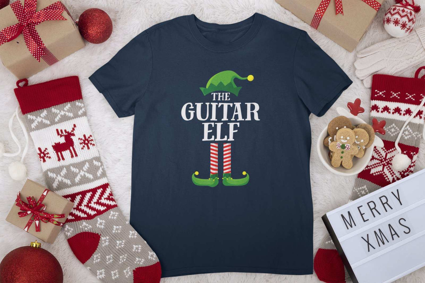 Guitar Themed Christmas Xmas T Shirt Guitar Elf Guitarist Musician FunGalaxy Tees