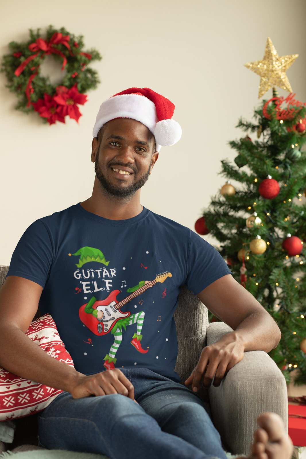 Guitar Themed Xmas T Shirt Guitar Elf Guitarist Musician Funny ChristmGalaxy Tees