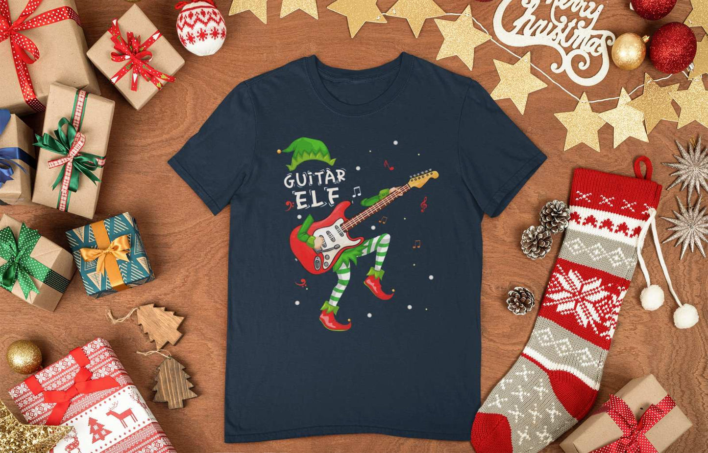 Guitar Themed Xmas T Shirt Guitar Elf Guitarist Musician Funny ChristmGalaxy Tees