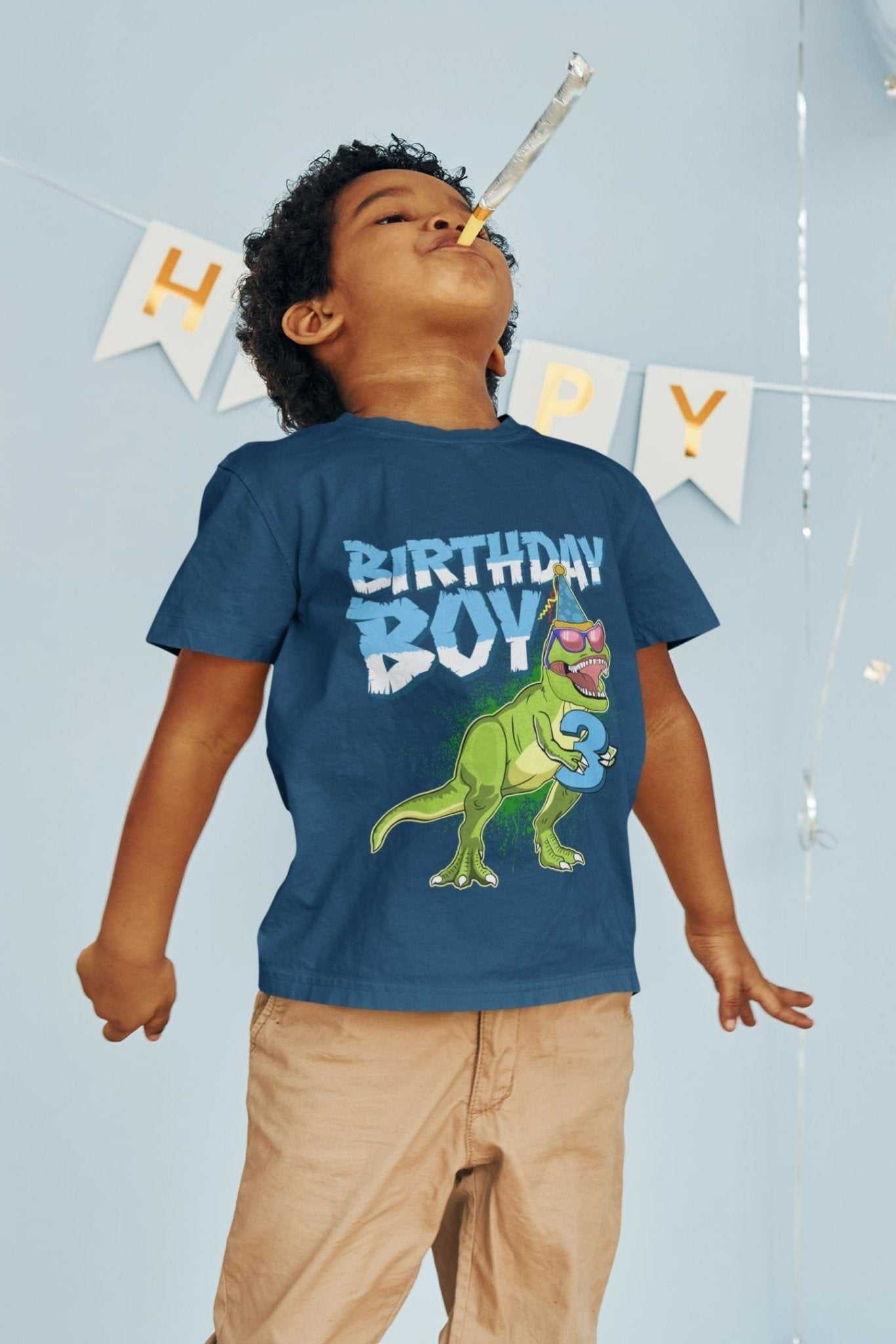 Kids 3rd Birthday Dinosaur T Shirt Party T-rex Holding a Number ThreeGalaxy Tees