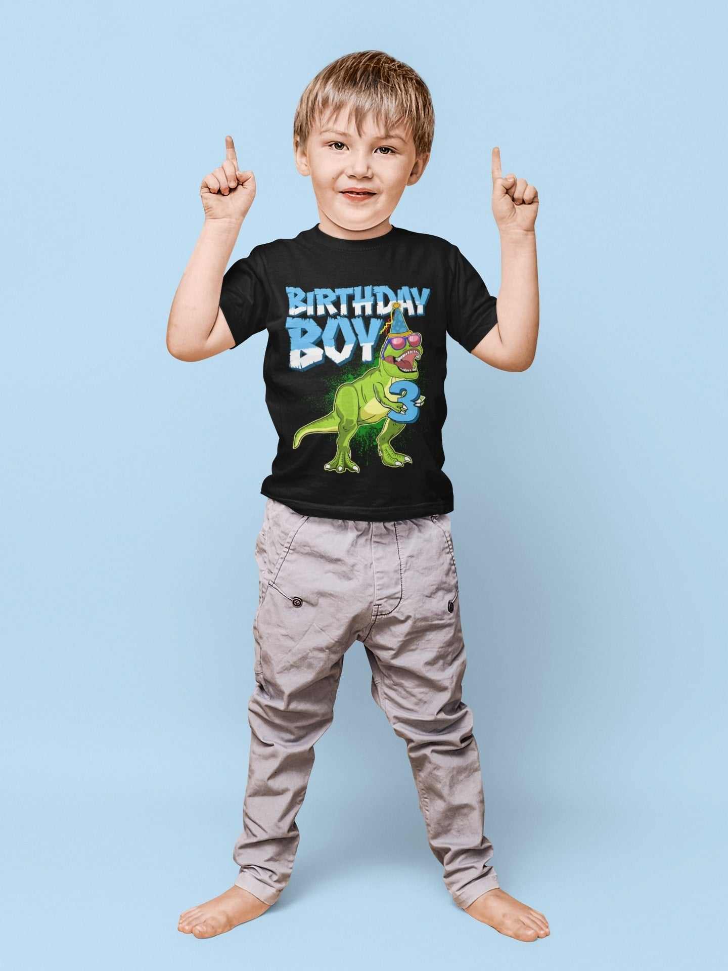 Kids 3rd Birthday Dinosaur T Shirt Party T-rex Holding a Number ThreeGalaxy Tees