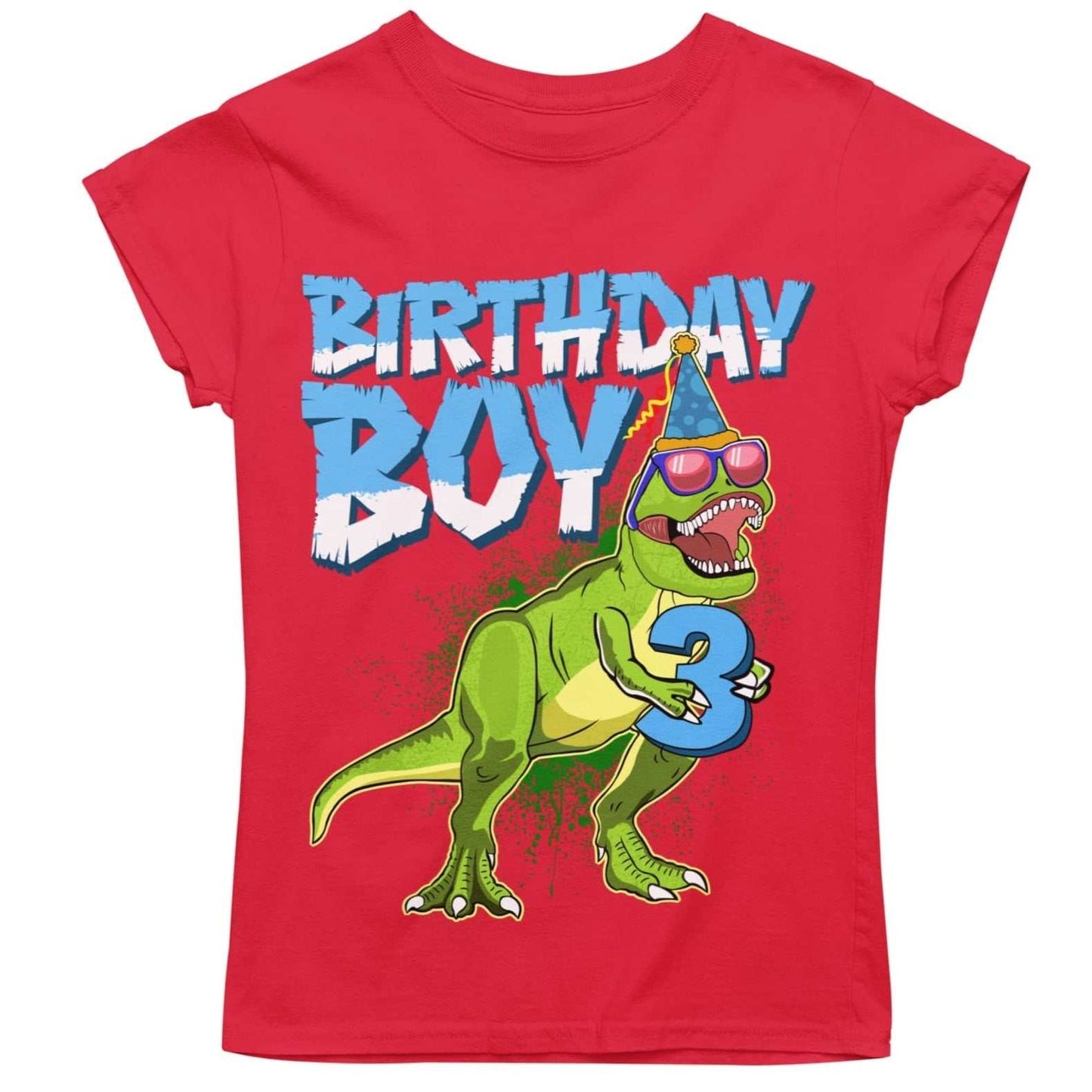 Kids 3rd Birthday Dinosaur T Shirt Party T-rex Holding a Number ThreeGalaxy Tees