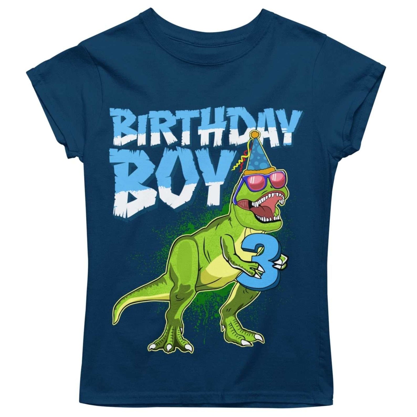 Kids 3rd Birthday Dinosaur T Shirt Party T-rex Holding a Number ThreeGalaxy Tees