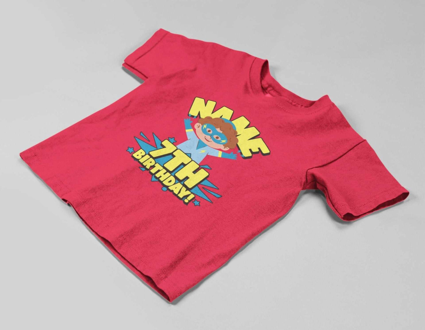 Kids Personalised Superhero 7th Birthday T-shirt with Childs Name On GGalaxy Tees