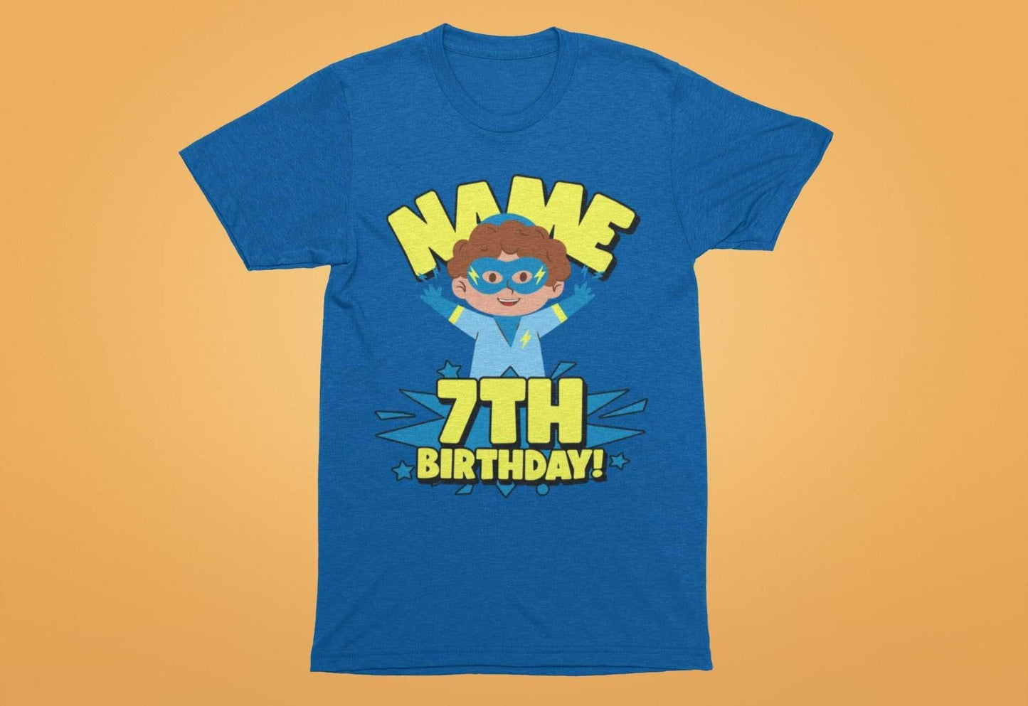 Kids Personalised Superhero 7th Birthday T-shirt with Childs Name On GGalaxy Tees