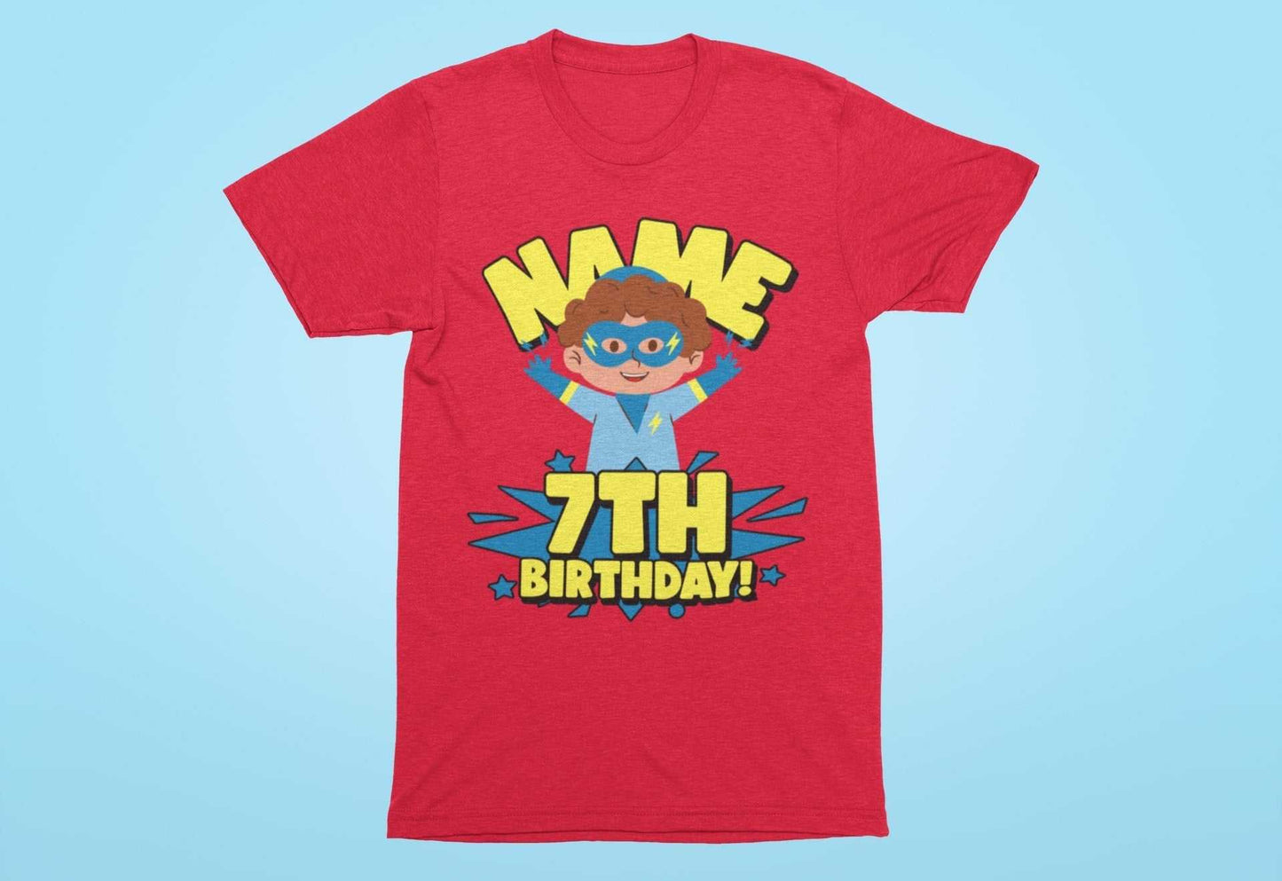 Kids Personalised Superhero 7th Birthday T-shirt with Childs Name On GGalaxy Tees