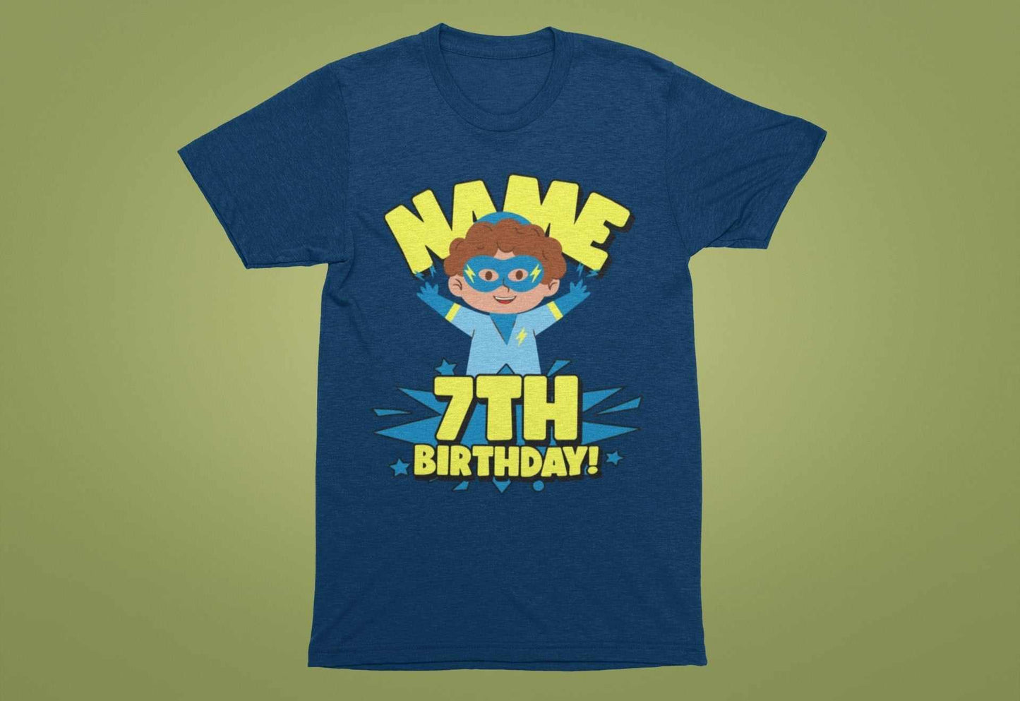 Kids Personalised Superhero 7th Birthday T-shirt with Childs Name On GGalaxy Tees