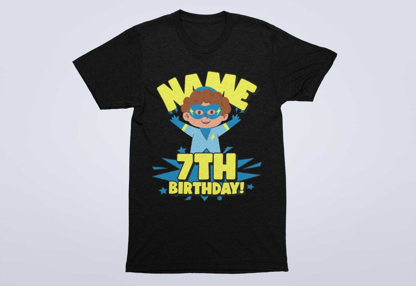 Kids Personalised Superhero 7th Birthday T-shirt with Childs Name On GGalaxy Tees