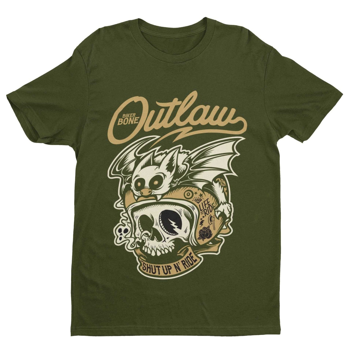 Outlaw Biker T Shirt Bones Skull Bat Hell Out Of Retro Motorcycle ClasGalaxy Tees