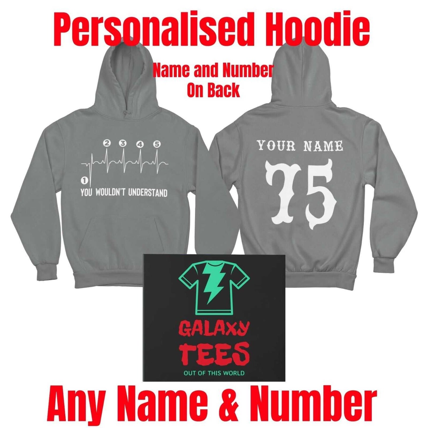 PERSONALISED BIKER HOODIE Heartbeat Gearshift Name and Number on Back Galaxy Tees
