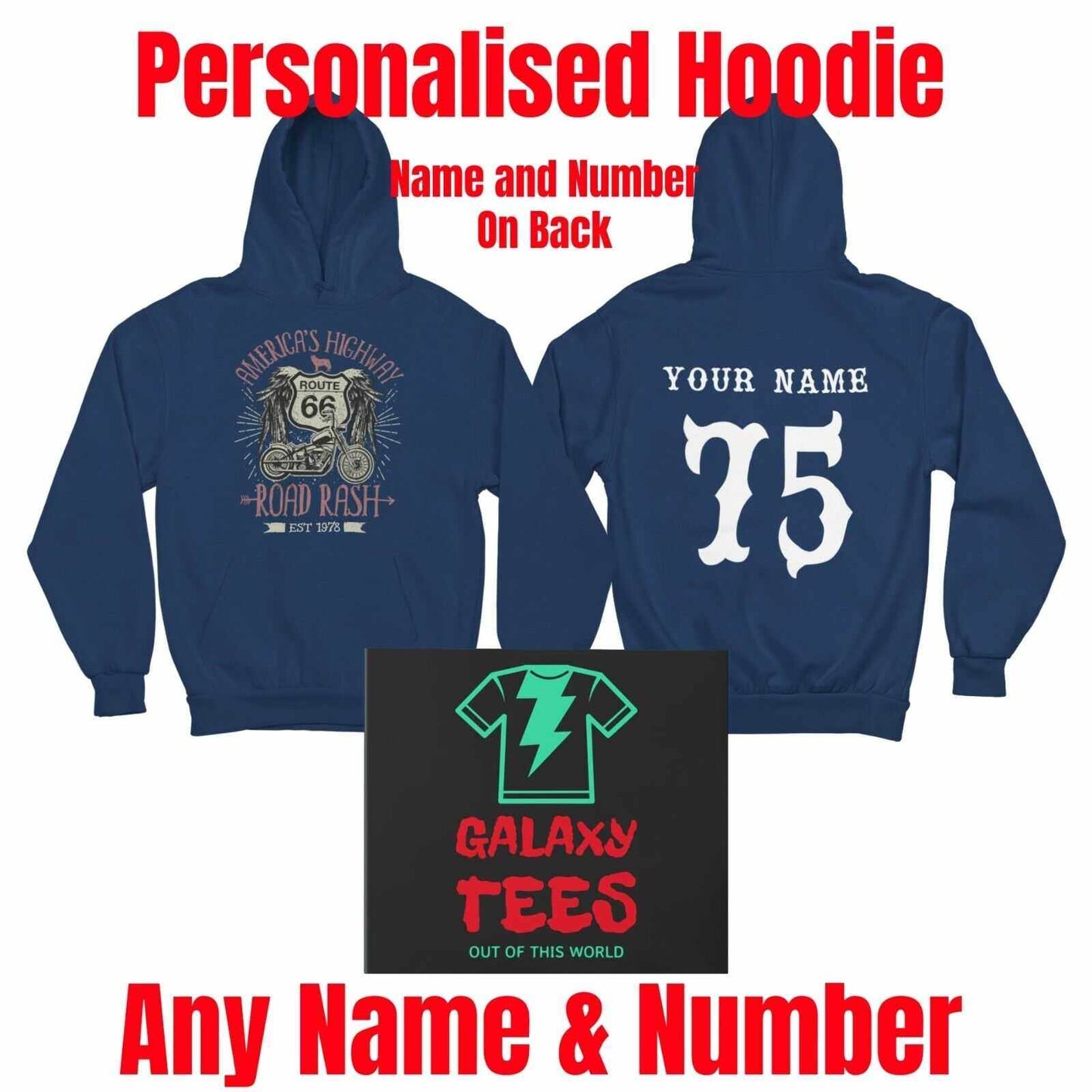 PERSONALISED BIKER HOODIE ROUTE 66 Road Rash Name And Number on Back GGalaxy Tees