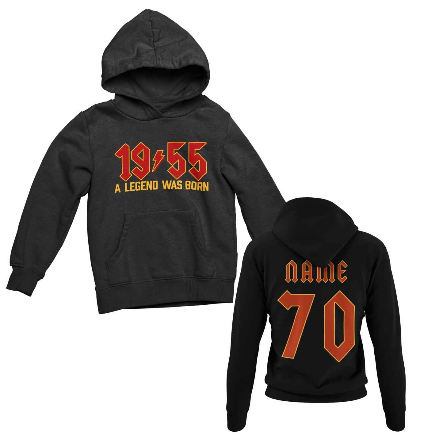 Black hoodie featuring "1955 A Legend Was Born" on front, customizable name and "70" on back; perfect for 70th birthday celebration in 2025.