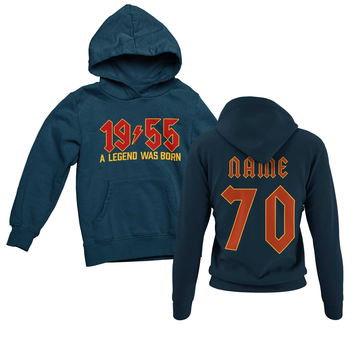 Personalised 1955 birthday hoodie, retro design, customizable name and number 70 on back, celebrates 70th birthday in 2025.