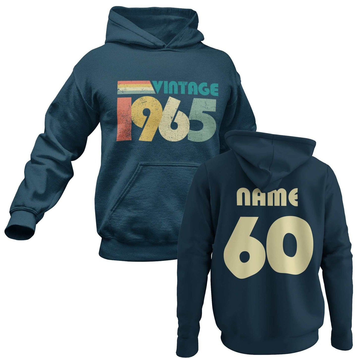 Personalised 60th birthday hoodie with "Vintage 1965" design, customizable name and age on back, comfortable 2025 hoodie.