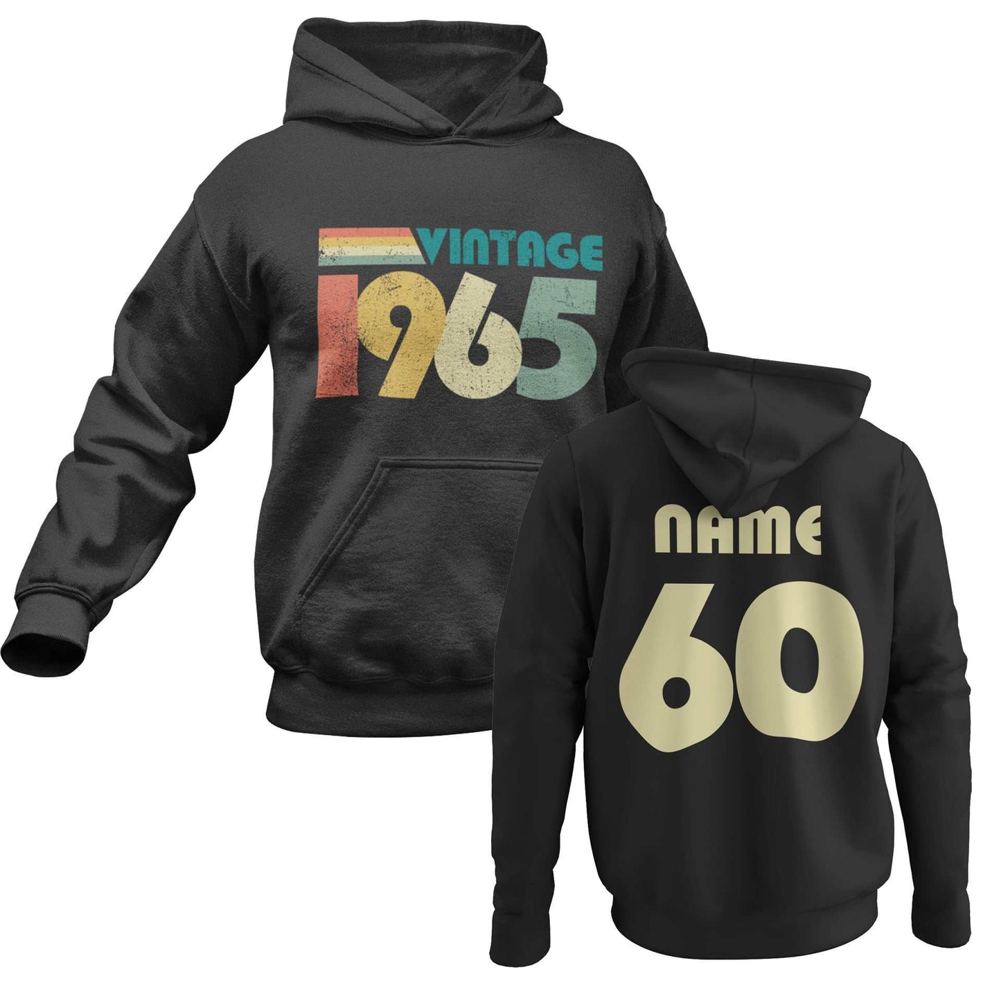 Personalised 60th birthday hoodie with vintage 1965 design, name, and age customization.