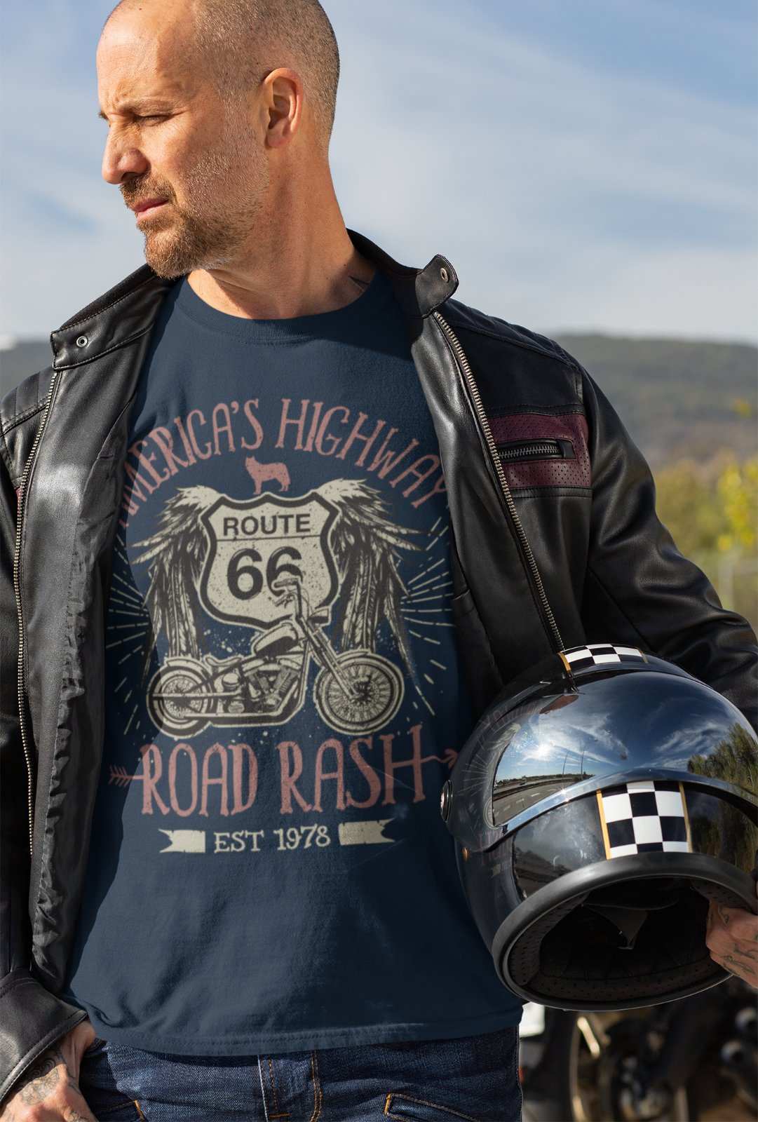 Route 66 America's Highway Road Rash Biker T Shirt Motorcycle Classic Galaxy Tees
