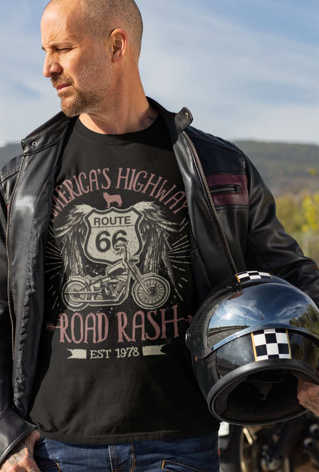 Route 66 America's Highway Road Rash Biker T Shirt Motorcycle Classic Galaxy Tees