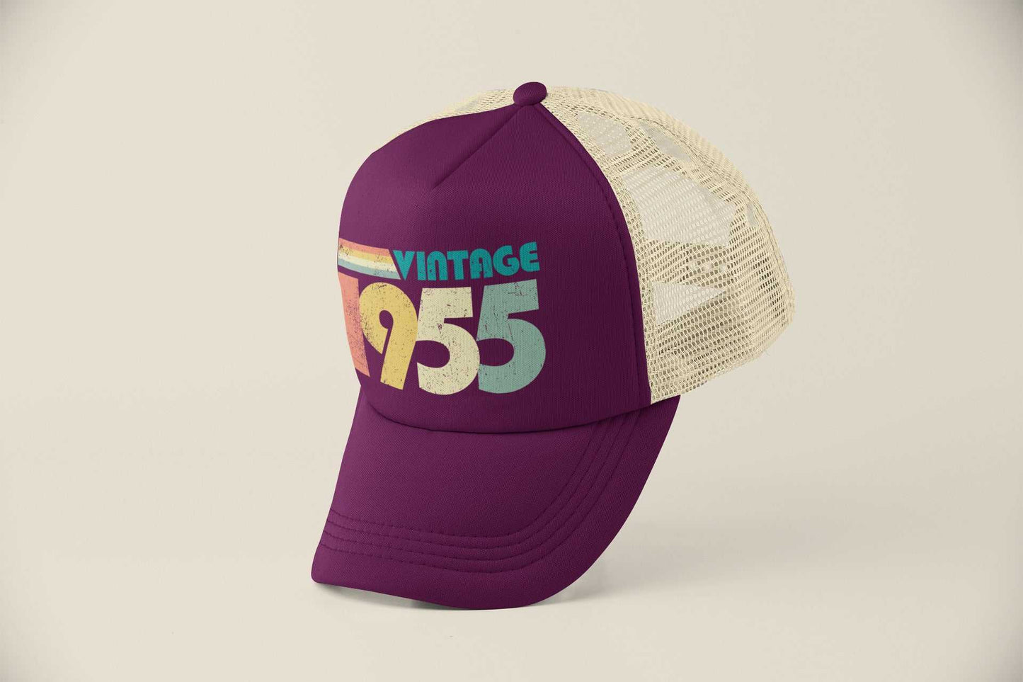 Vintage 1955 trucker-style baseball cap with retro design for 70th birthday in 2025.