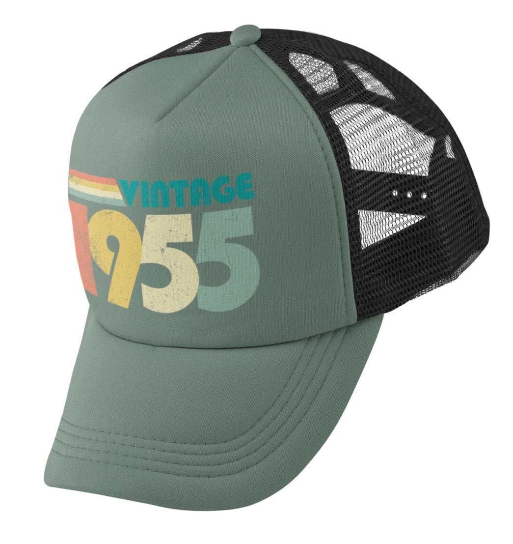 Vintage 1955 trucker-style baseball cap for 70th birthday, retro design with mesh panels.