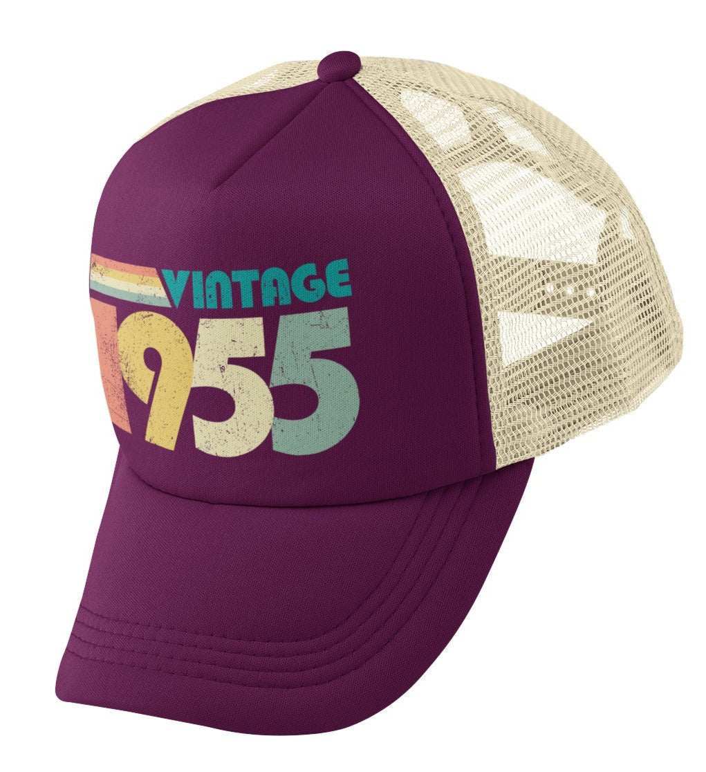 Vintage 1955 retro trucker style baseball cap for 70th birthday in 2025.