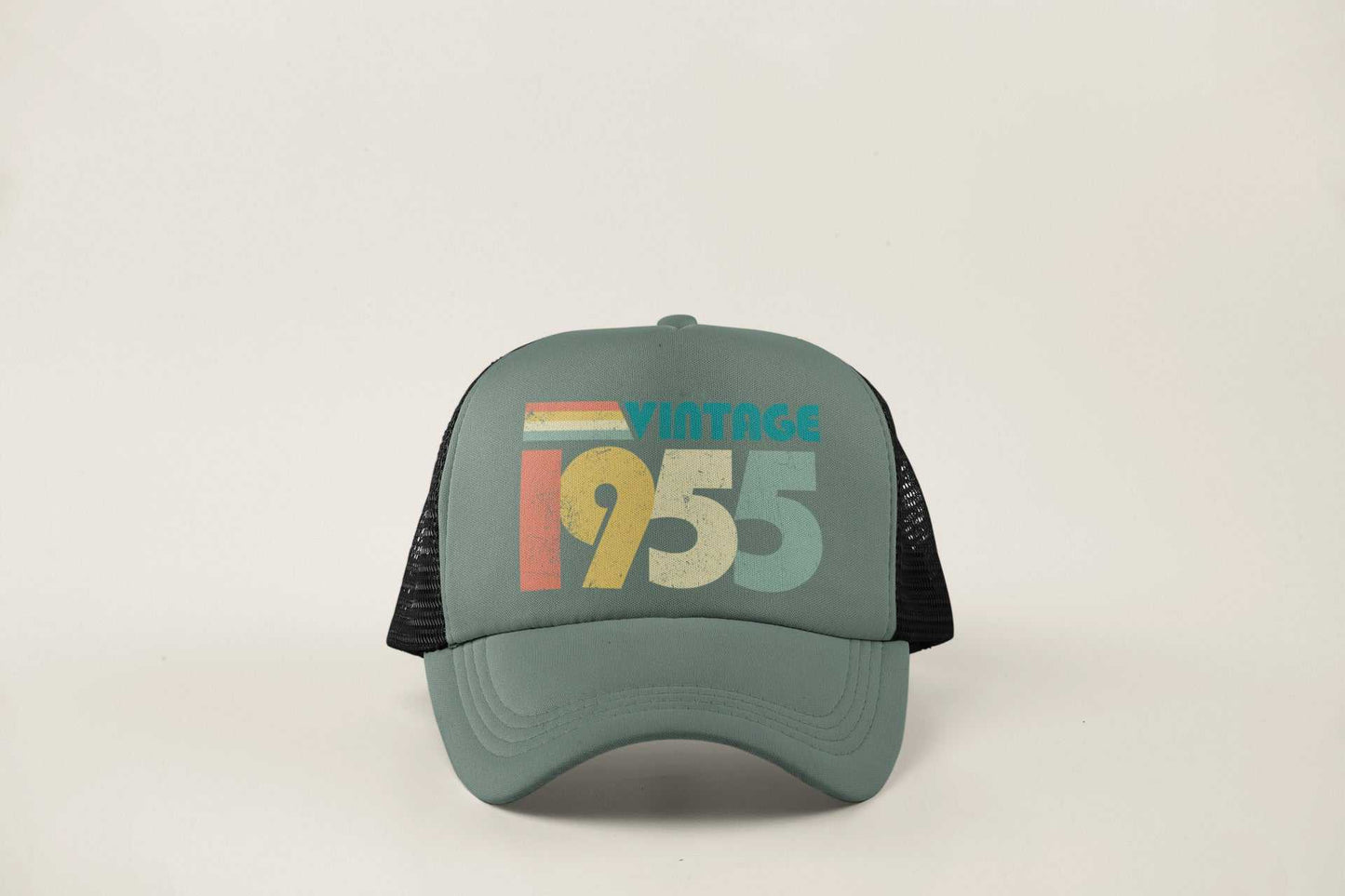 Vintage 1955 trucker baseball cap for 70th birthday in 2025, retro design.