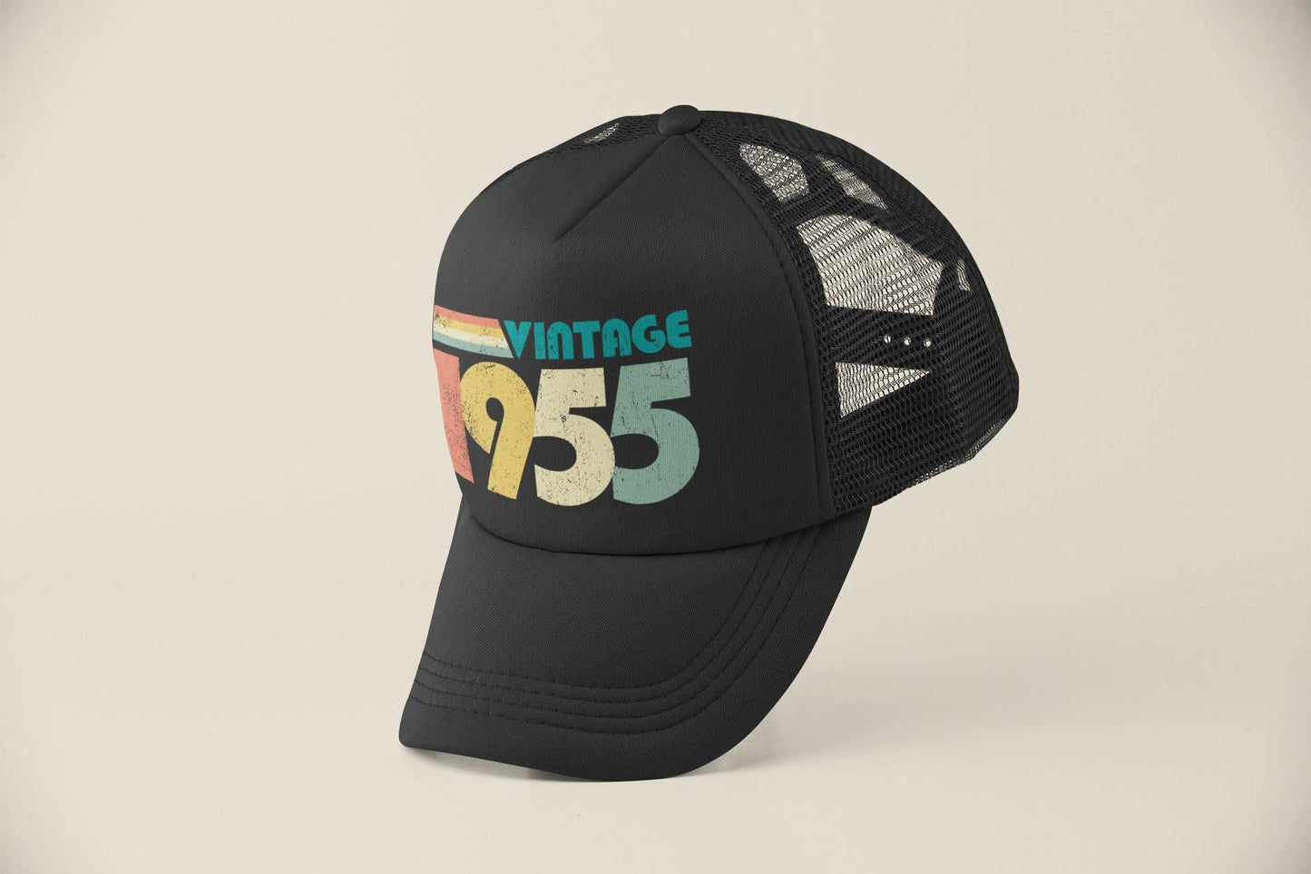Vintage 1955 trucker-style baseball cap with retro design for 70th birthday in 2025.