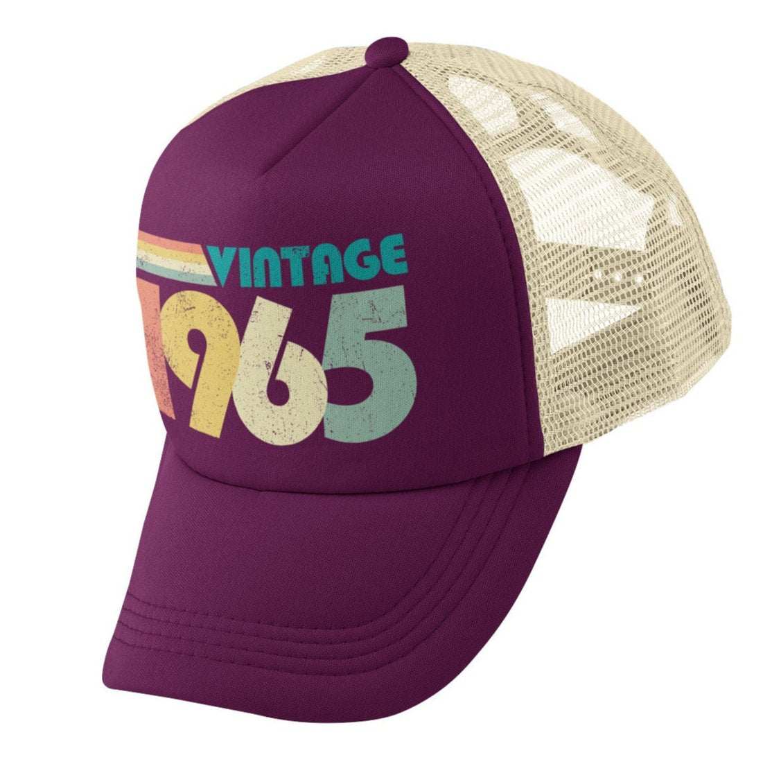 Vintage 1965 60th birthday trucker-style baseball cap with retro design, ideal 2025 gift.