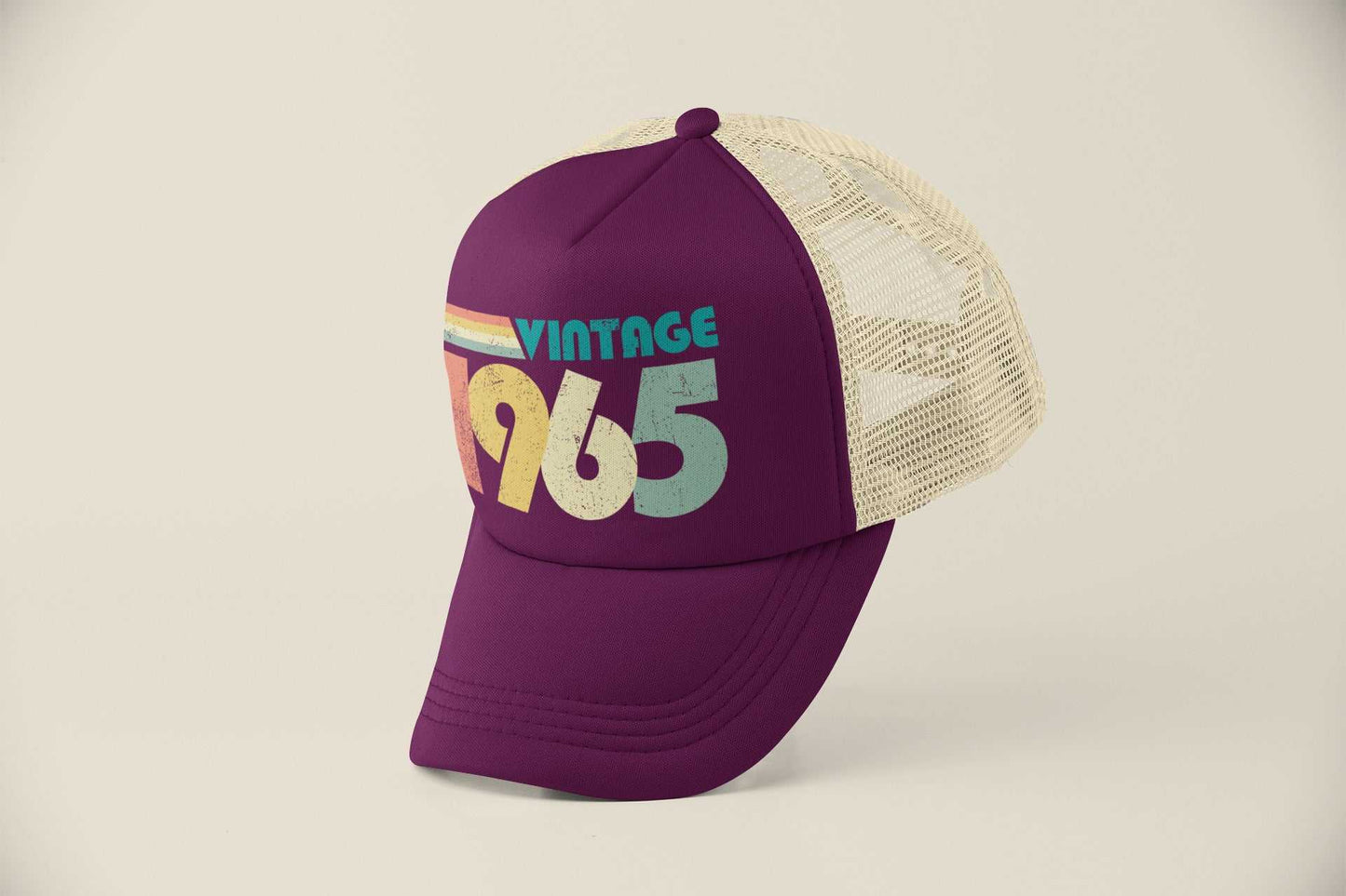 Vintage 1965 trucker-style baseball cap with retro design for 60th birthday in 2025, featuring mesh back and adjustable fit.