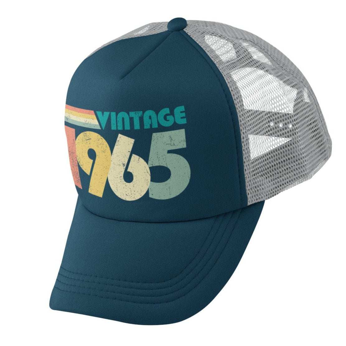 Vintage 1965 trucker-style baseball cap with retro design, mesh back, and bold print, perfect 60th birthday gift.
