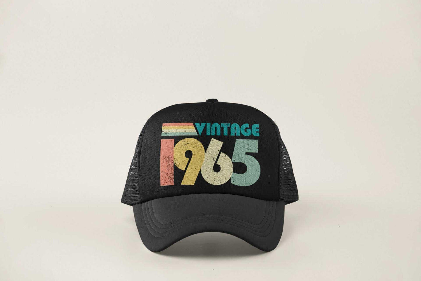 Vintage 1965 60th birthday trucker style baseball cap with retro design, ideal 2025 gift.