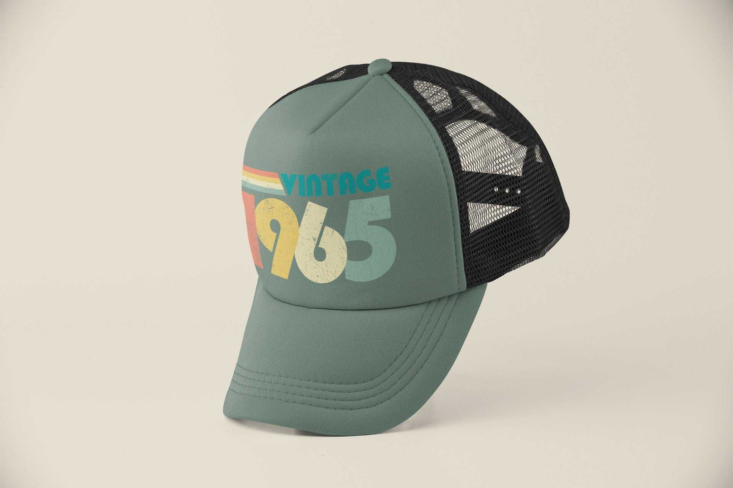 Vintage 1965 trucker-style cap with retro design for 60th birthday gift, 2025.