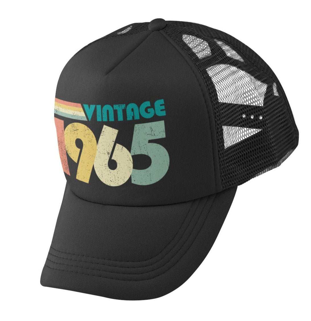 Vintage 1965 trucker cap with retro design, celebrating a 60th birthday in 2025.
