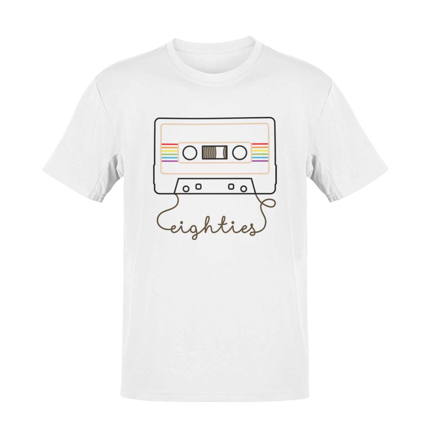 Retro eighties cassette tape graphic t-shirt featuring a vibrant cassette design and "eighties" text on soft cotton fabric.