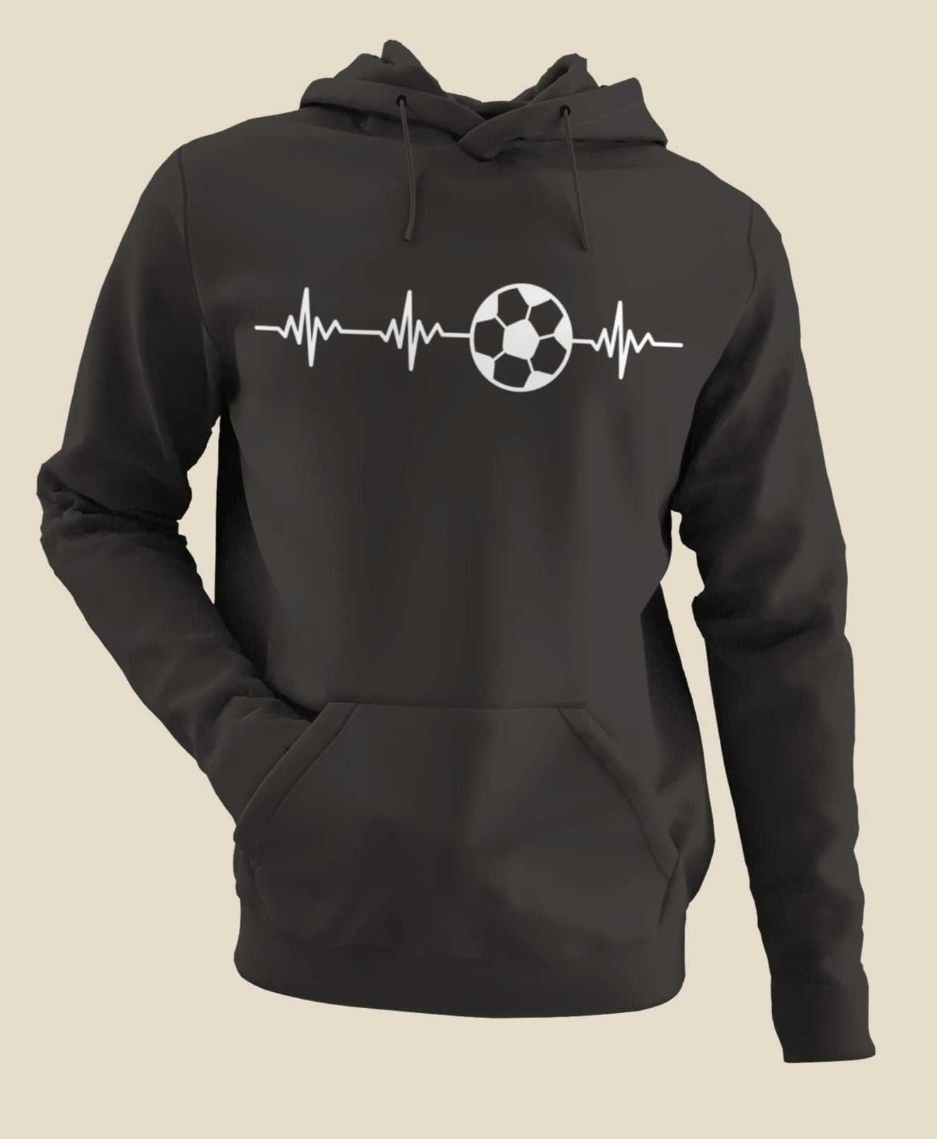 Football Pulse Hoodie with soccer heartbeat design, black minimalist sweatshirt featuring adjustable hood and kangaroo pocket.