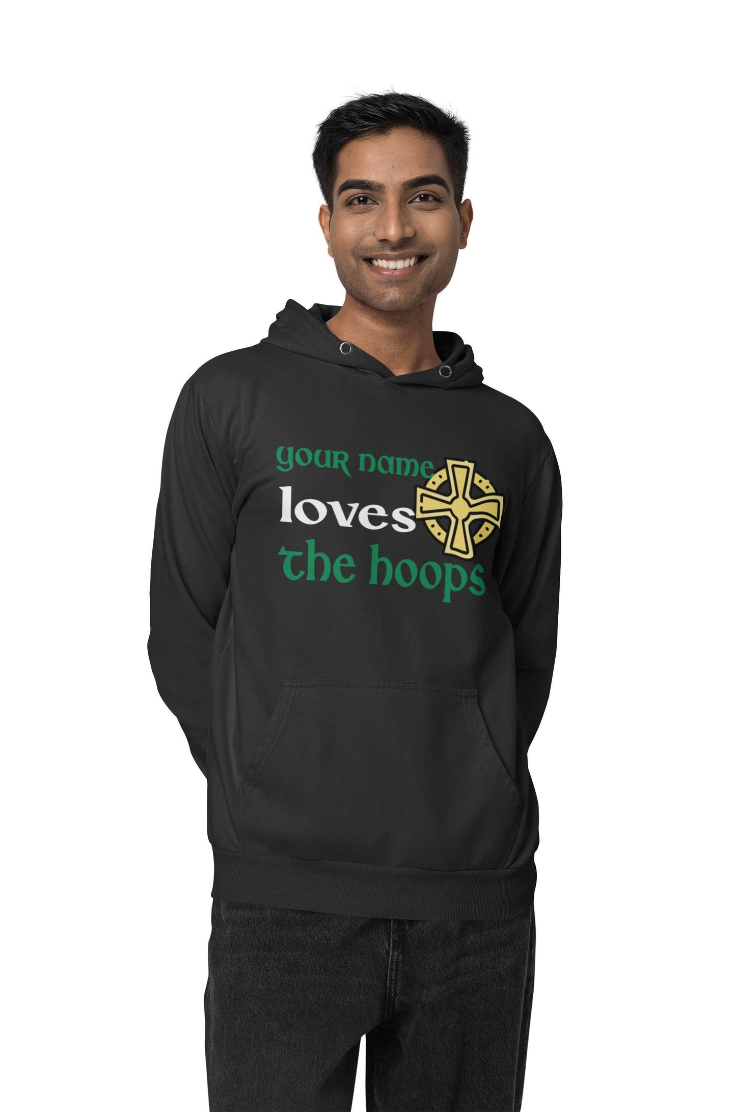 Celtic-inspired personalised "Loves the Hoops" hoodie, custom name, black, football fan design.