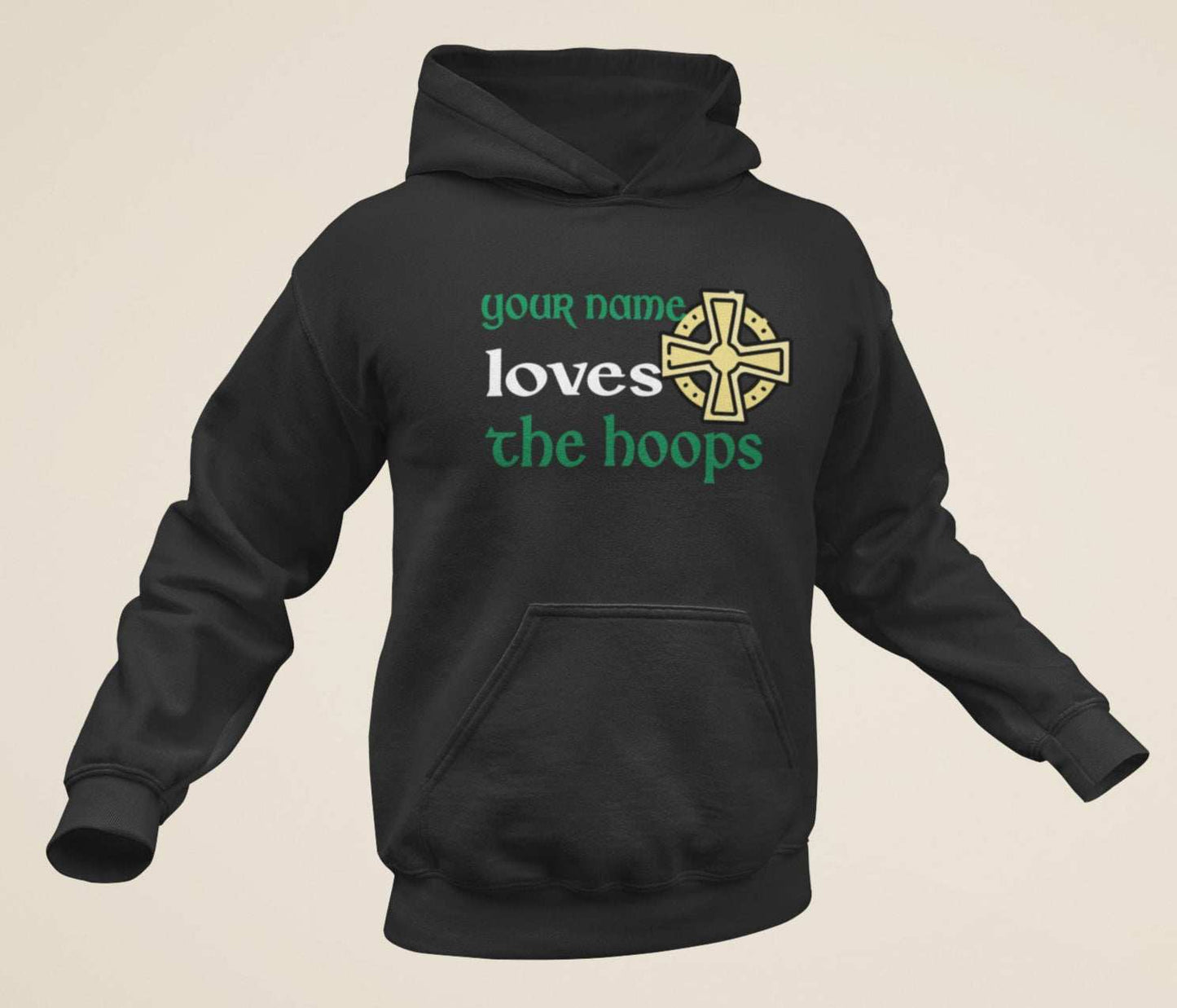 Personalised black hoodie with Celtic-inspired design and "Loves the Hoops" text.