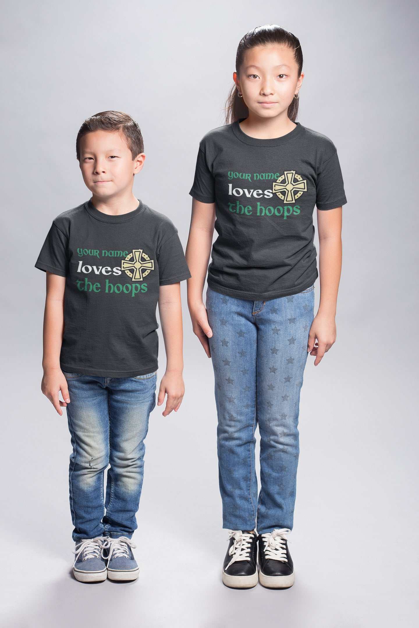 Customised kids' football fan tee with Celtic-inspired design and personalized name option.