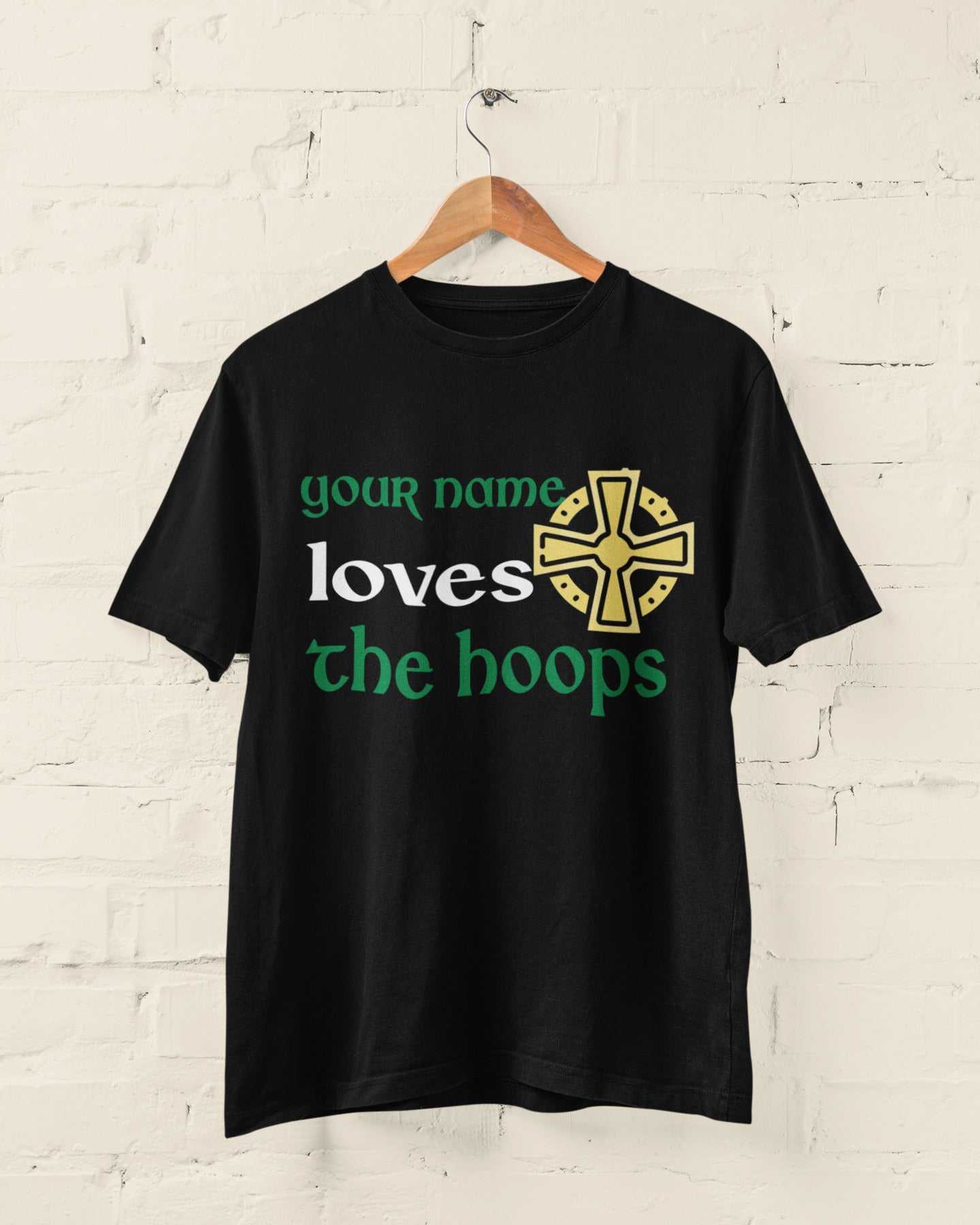 Customisable "Loves the Hoops" Kids Football Fan Tee with Celtic-inspired design.
