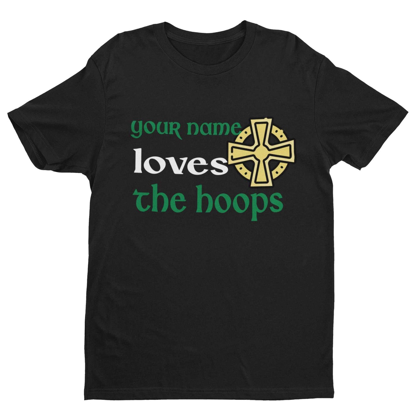 Personalised "Loves the Hoops" kids' football fan tee with custom name and Celtic-inspired design on black t-shirt.