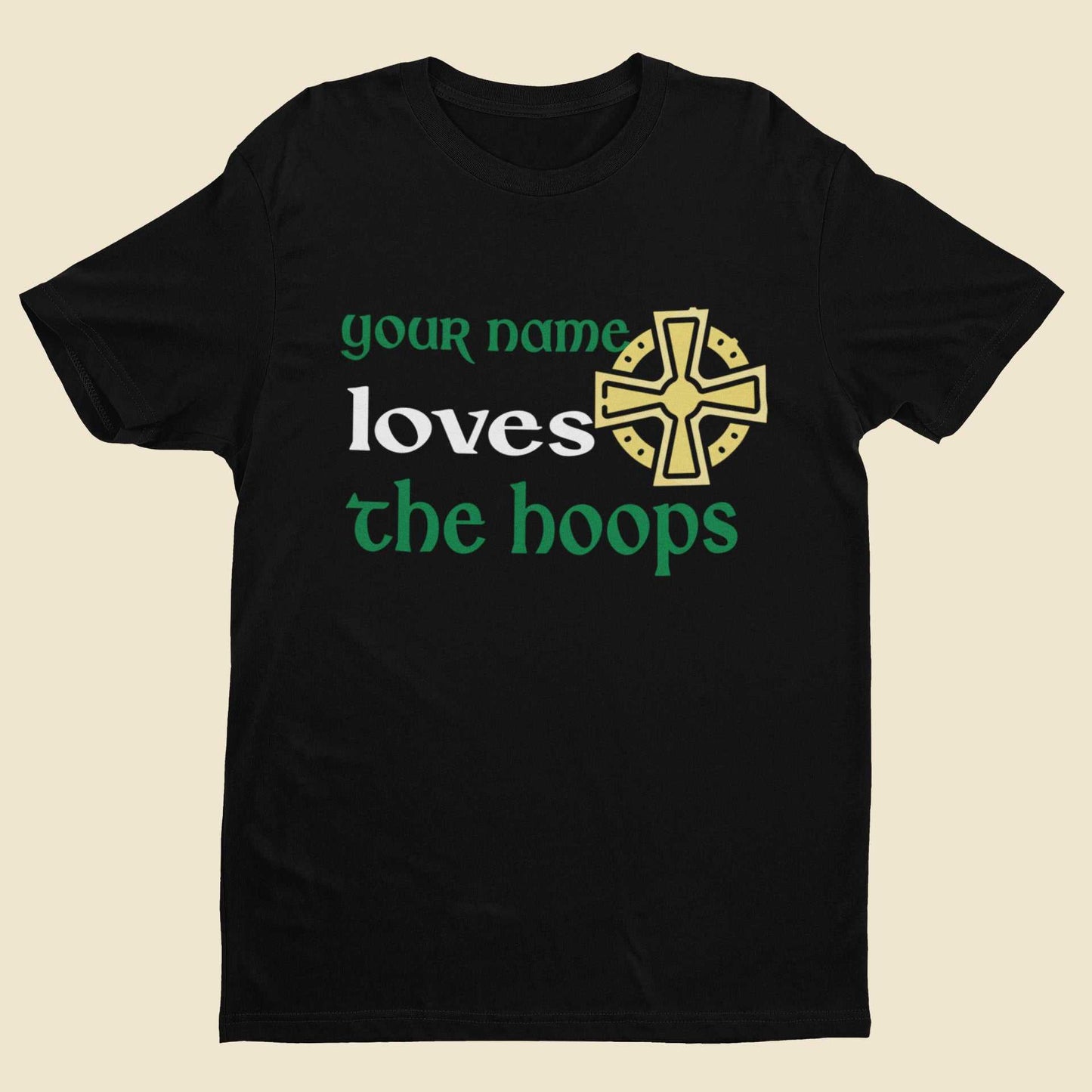Personalised kids' football fan tee with Celtic-inspired design and custom name option.