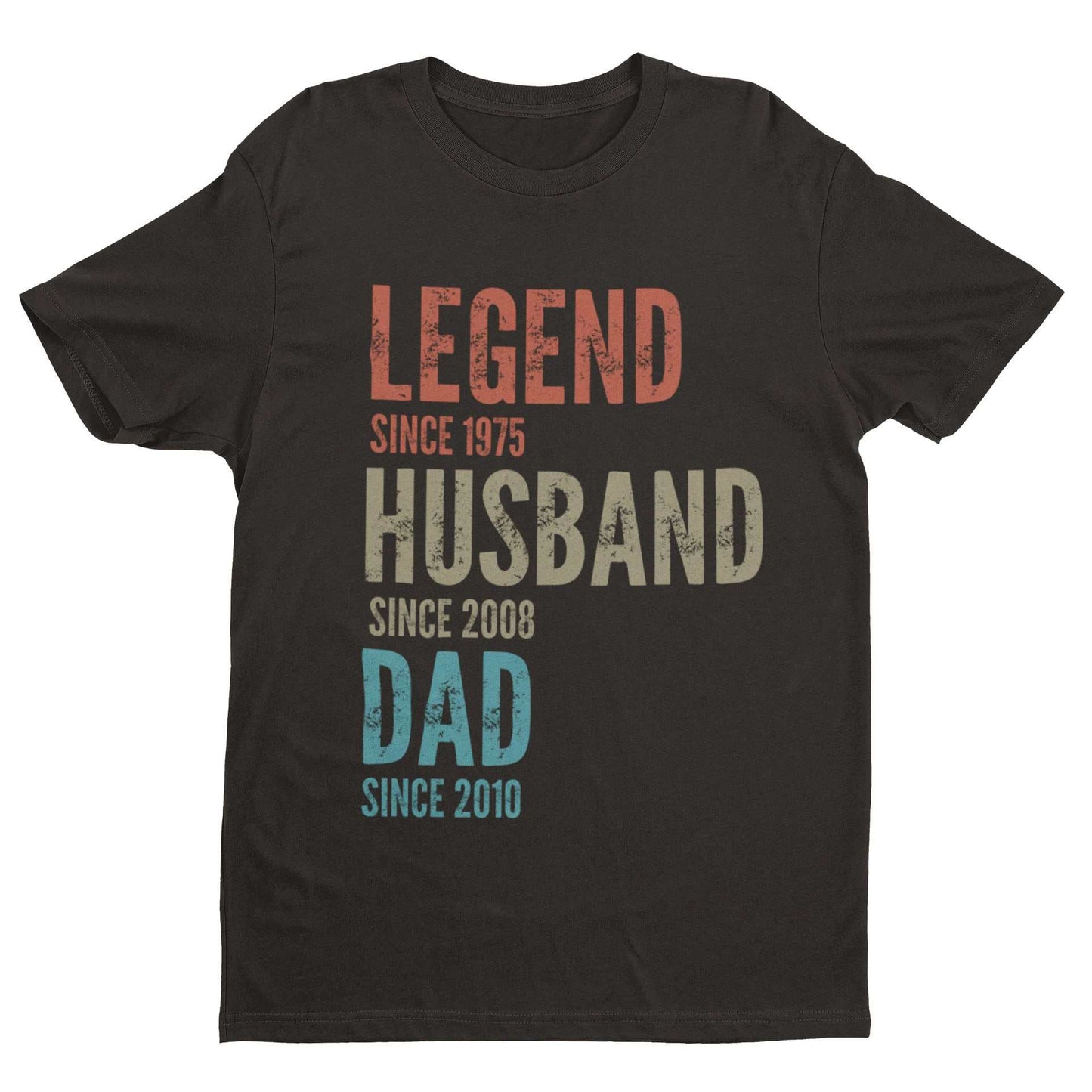 Personalised legend husband dad t-shirt with fully customisable text and dates, stylish vintage design, soft fabric, perfect gift.