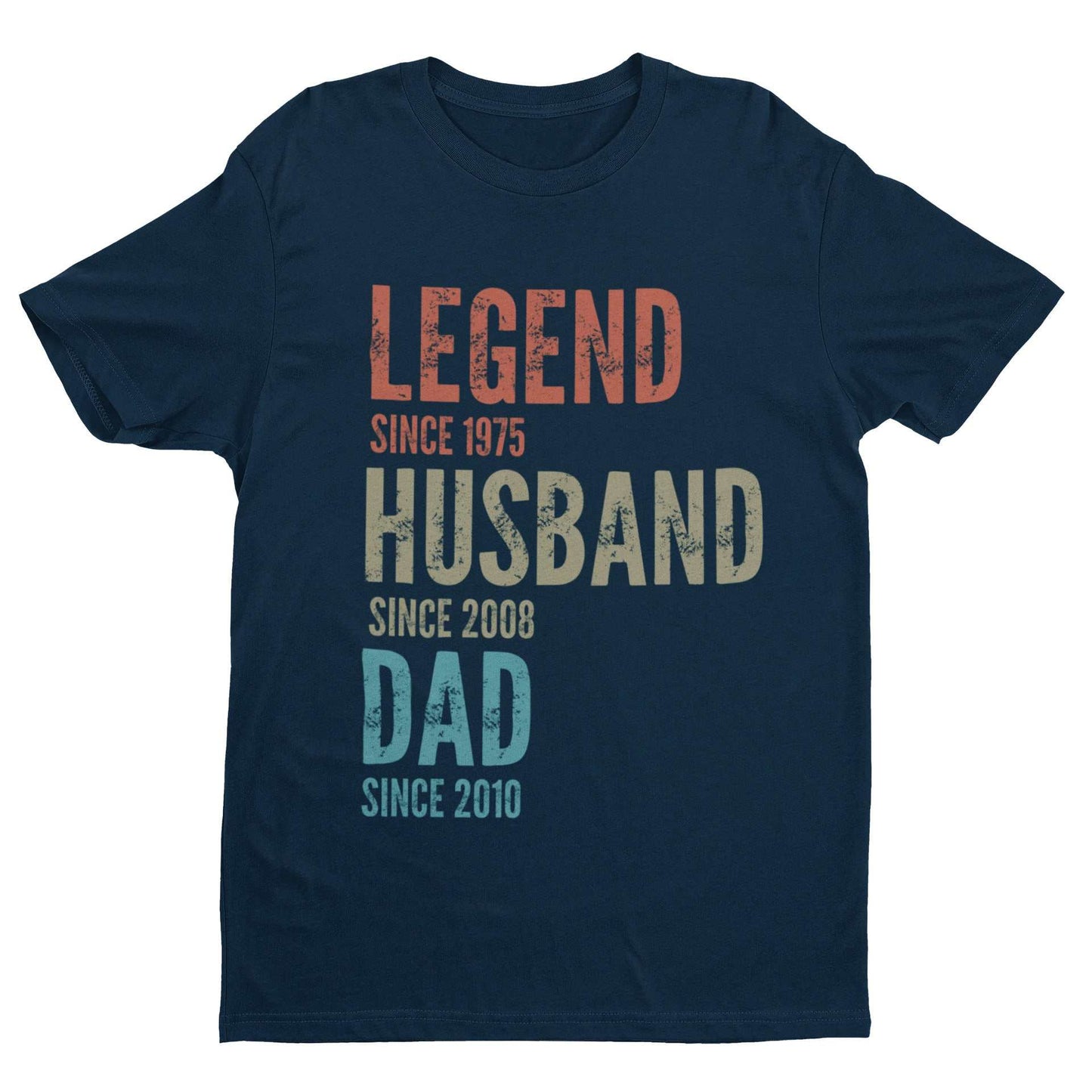 Personalised Legend Husband Dad T-Shirt with customisable text and dates in vintage design.