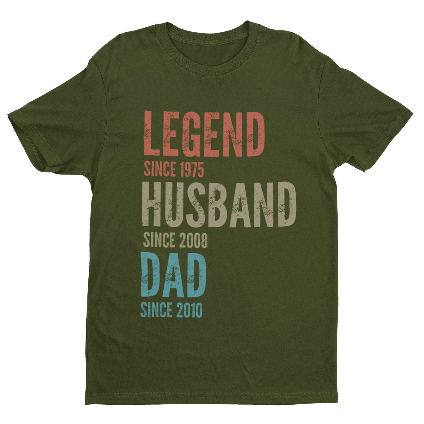 Personalized Legend Husband Dad T-Shirt with Customizable Text and Dates, Vintage Design, Military Green