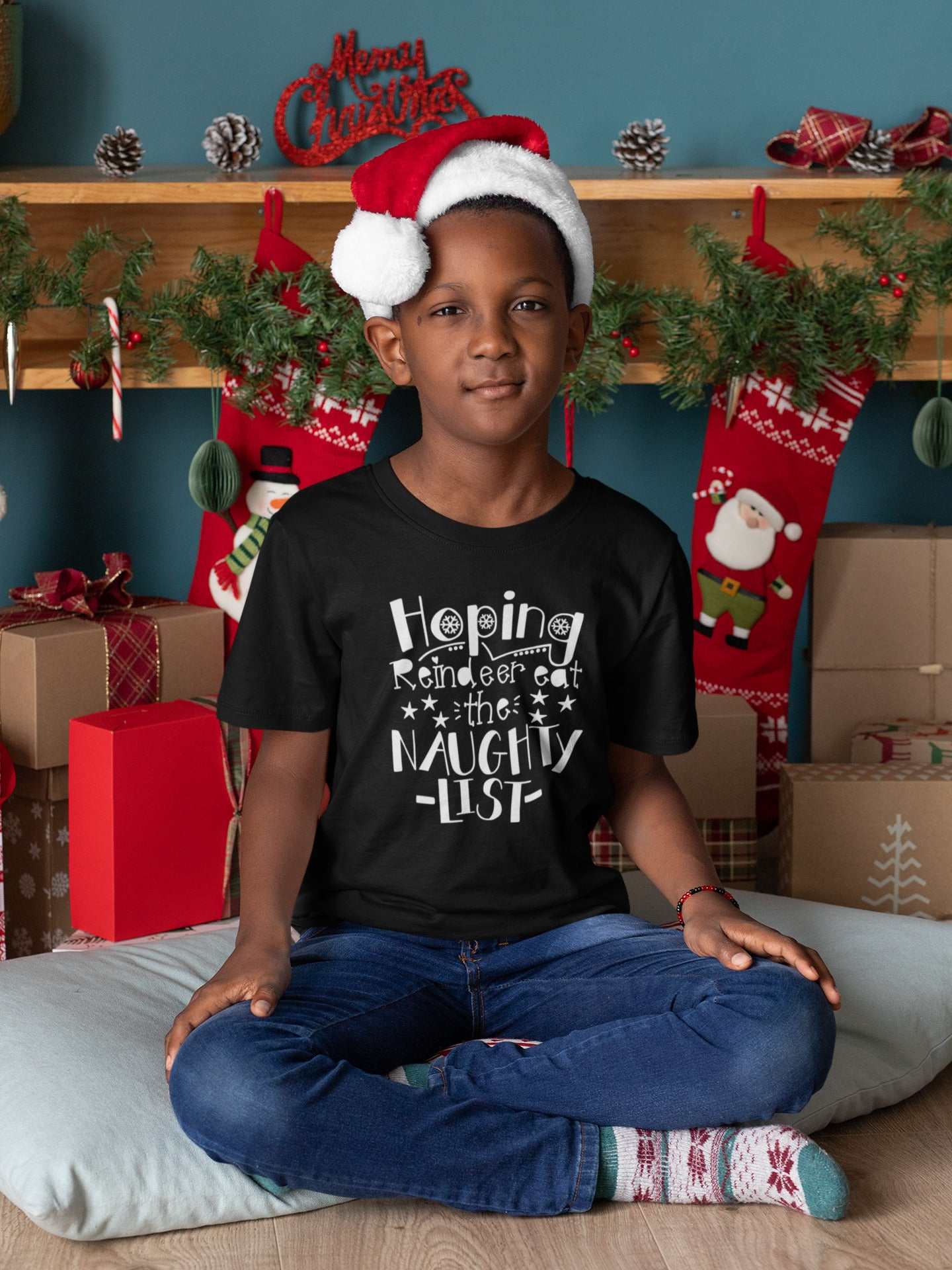 Christmas Kids T-Shirt Hoping Reindeer Ate the Naughty List Funny Boy Galaxy Tees