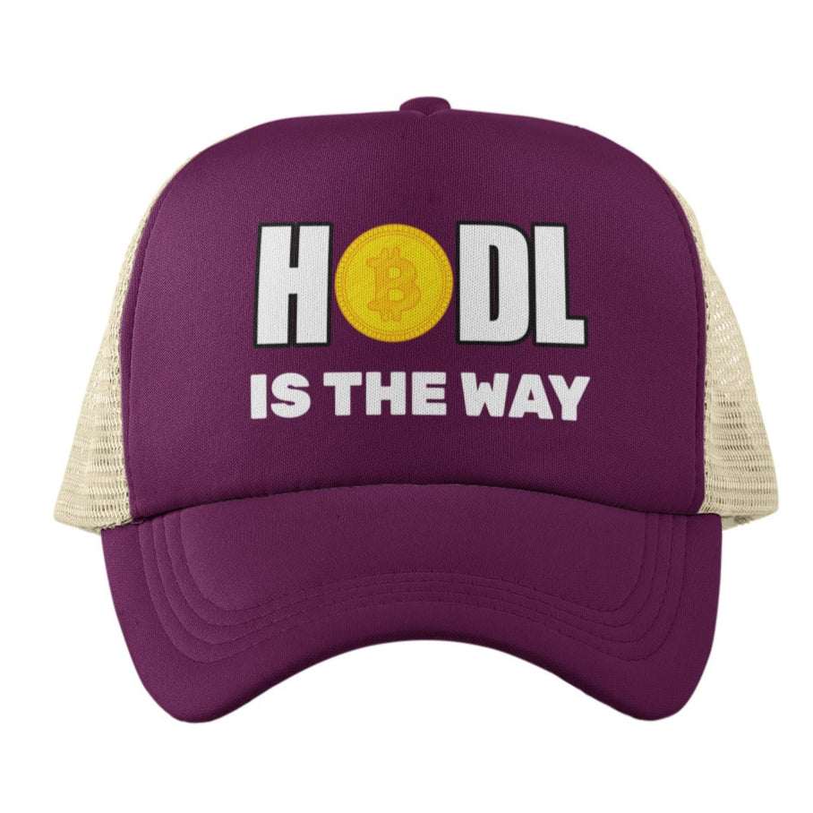 HODL Bitcoin Trucker Cap with bold "HODL IS THE WAY" design, mesh back, and adjustable snapback for crypto enthusiasts.