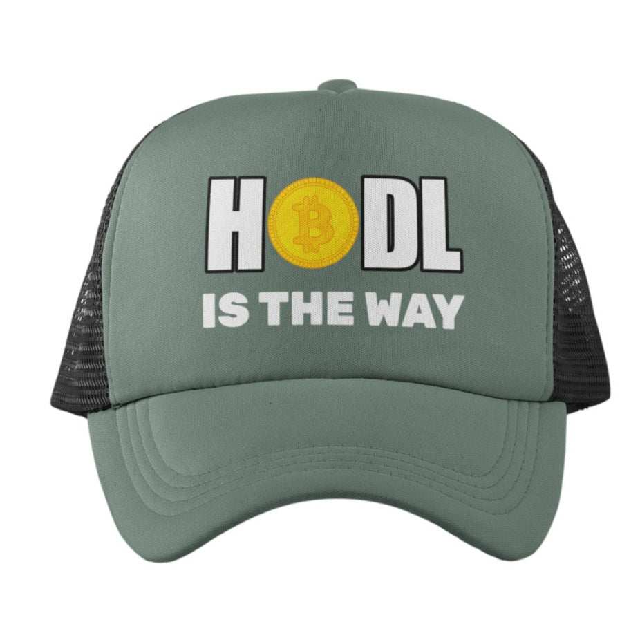 HODL Bitcoin Trucker Cap with "HODL IS THE WAY" design and Bitcoin emblem, breathable mesh back, adjustable snapback, ideal for crypto enthusiasts.