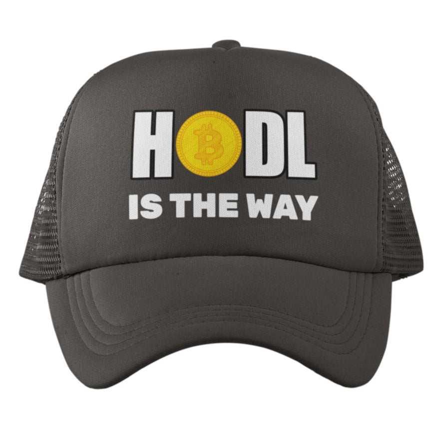 HODL Bitcoin trucker cap with bold lettering and Bitcoin emblem, mesh back, and snapback closure.