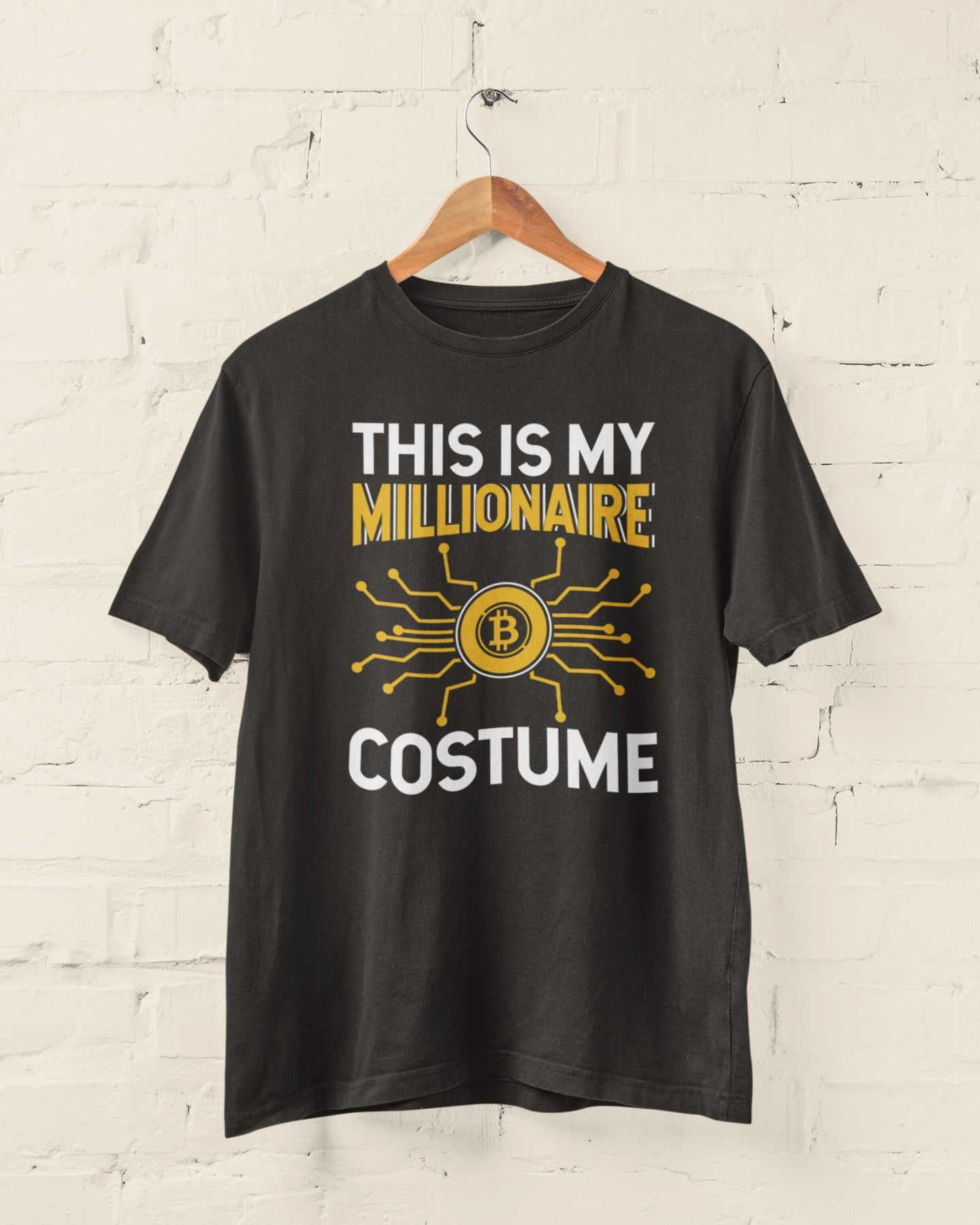 Bitcoin Millionaire Costume T-Shirt with bold circuit design, perfect for crypto enthusiasts.