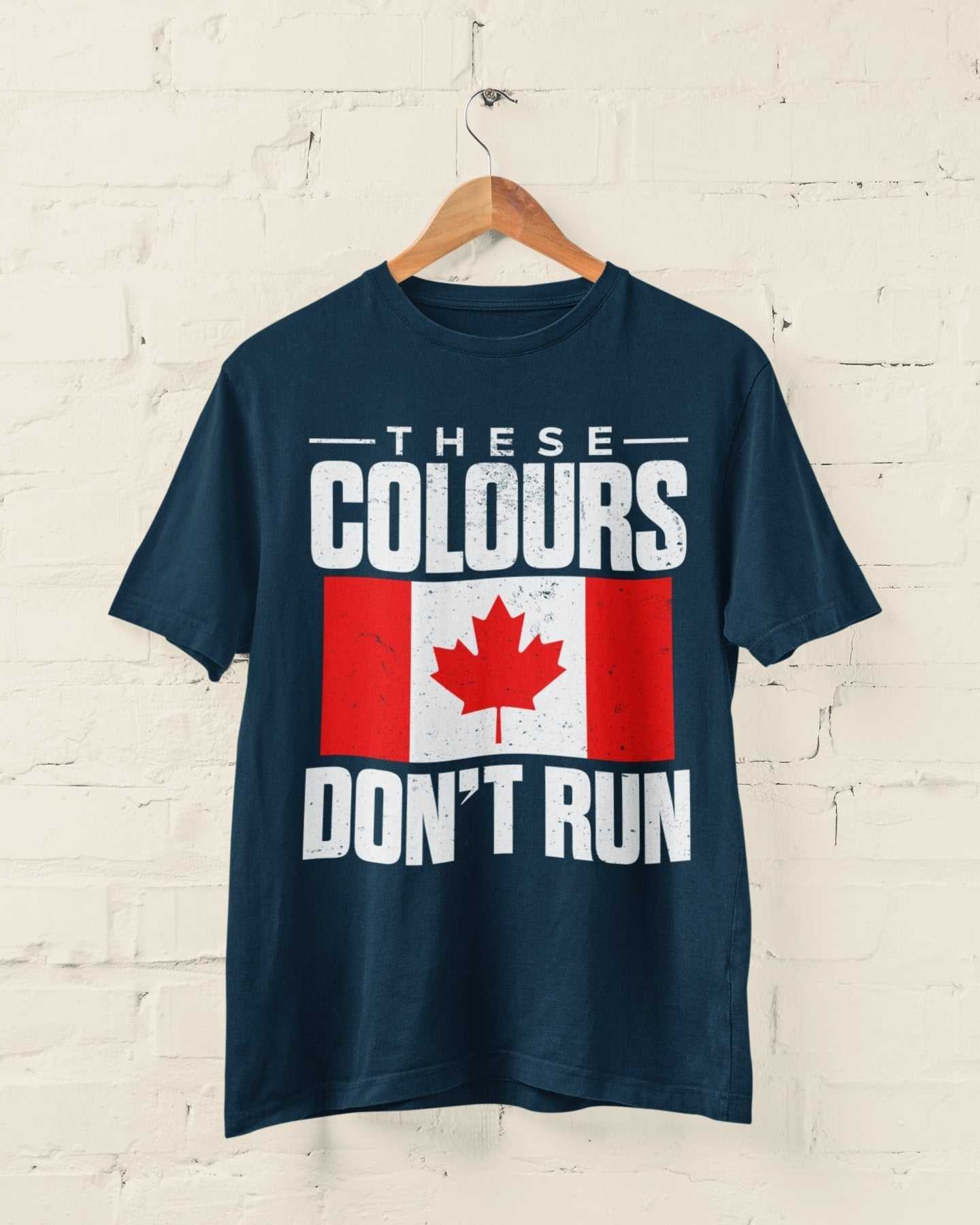 Distressed Canadian flag t-shirt with bold "These Colours Don’t Run" text, patriotic apparel.