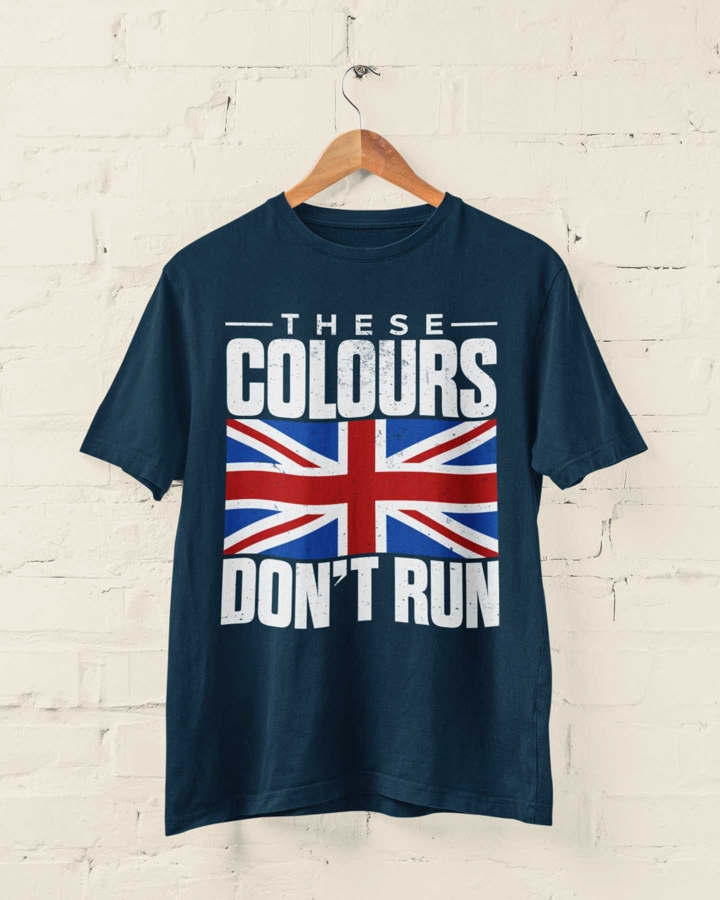 Patriotic Distressed Union Jack T-Shirt with "These Colours Don’t Run" Slogan.